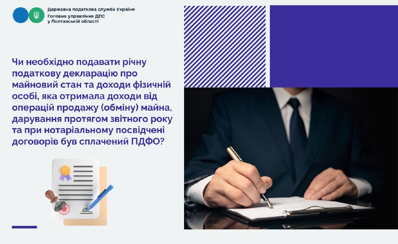 Чи необхідно подавати річну податкову декларацію про майновий стан та доходи фізичній особі, яка отримала доходи від операцій продажу (обміну) майна, дарування протягом звітного року та при нотаріальному посвідчені договорів був сплачений ПДФО?