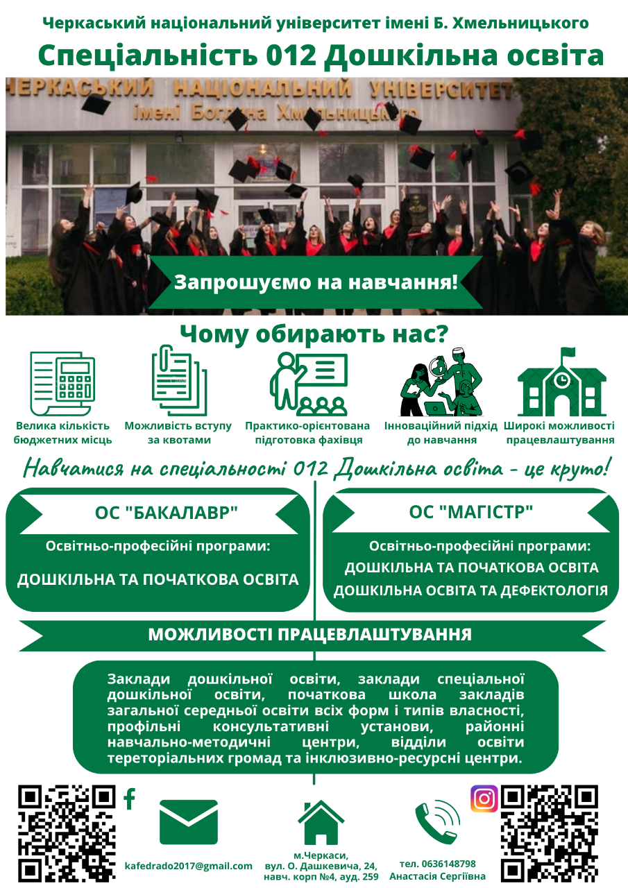 Запрошуємо на навчання за спеціальністю 012 Дошкільна освіта у Черкаському національному університеті імені Богдана Хмельницького