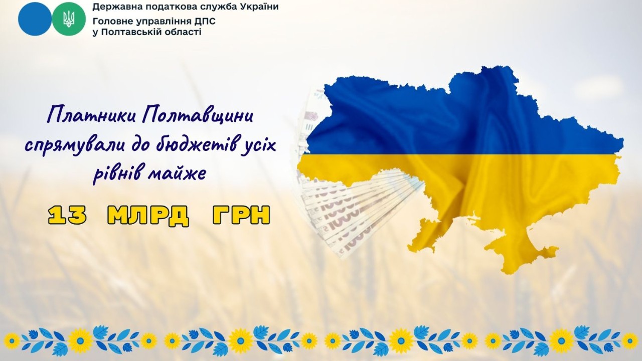 Платники Полтавщини спрямували до бюджетів  усіх рівнів майже 13 млрд грн