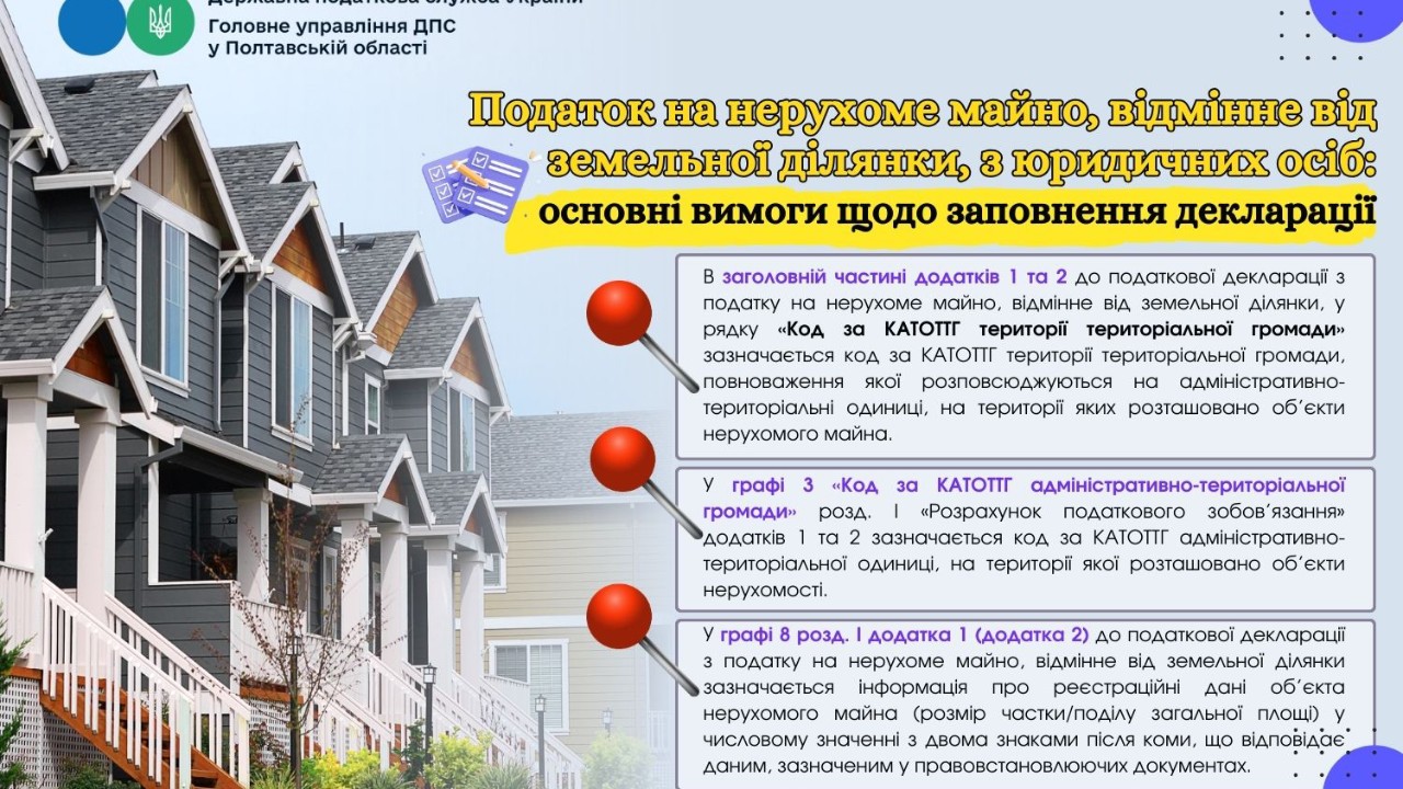 Податок на нерухоме майно, відмінне від земельної ділянки, з юридичних осіб: основні вимоги щодо заповнення декларації  Головне управління ДПС у Полтавській області нагадує, що форма податкової декларації з податку на нерухоме майно, відмінне від земельно