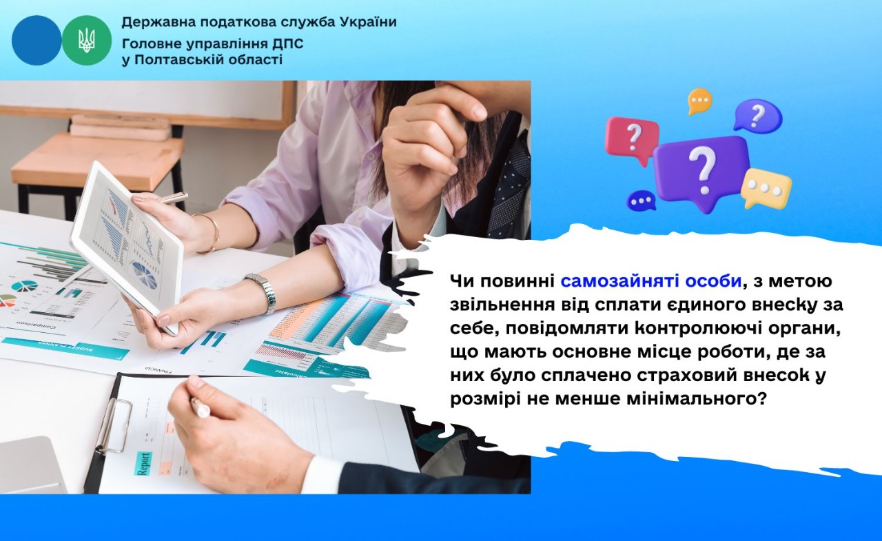 Чи повинні самозайняті особи, з метою звільнення від сплати єдиного внеску за себе, повідомляти контролюючі органи, що мають основне місце роботи, де за них було сплачено страховий внесок у розмірі не менше мінімального?