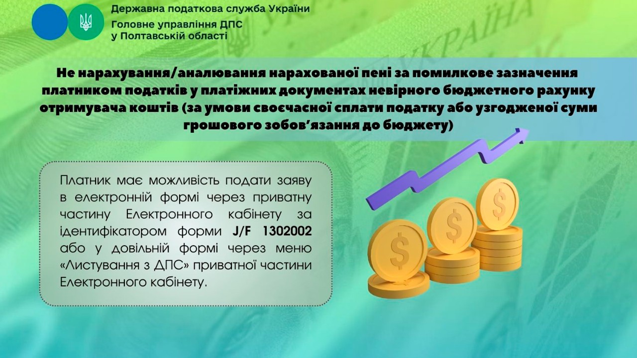 Не нарахування/аналювання нарахованої пені за помилкове зазначення платником податків у платіжних документах невірного бюджетного рахунку отримувача коштів (за умови своєчасної сплати податку або узгодженої суми грошового зобов’язання до бюджету)  