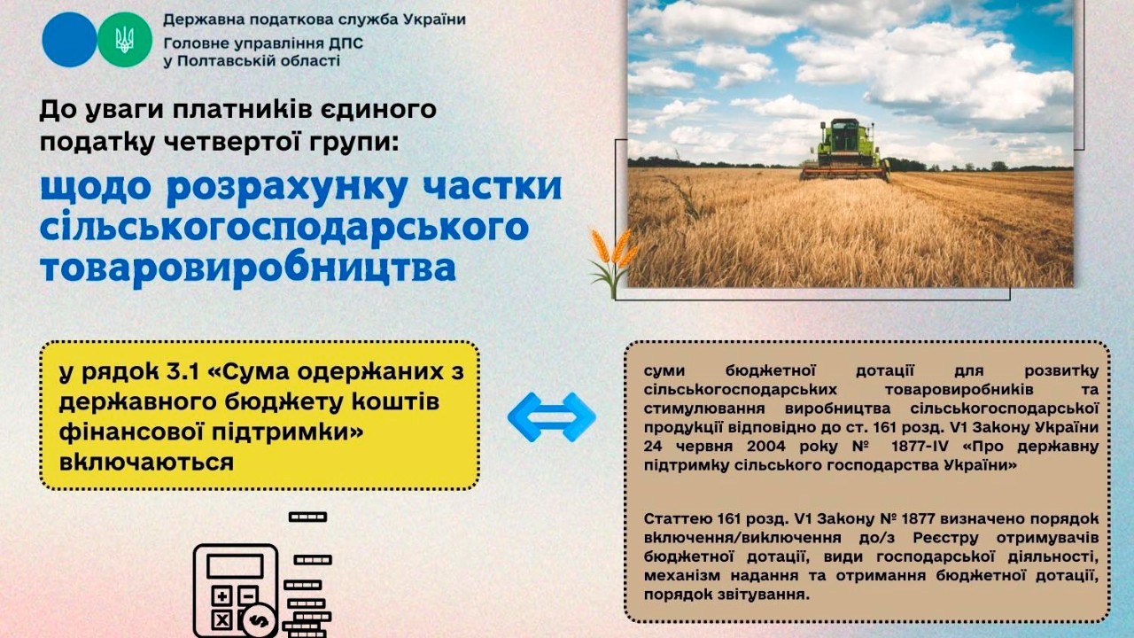 До уваги платників єдиного податку четвертої групи: щодо розрахунку частки сільськогосподарського товаровиробництва