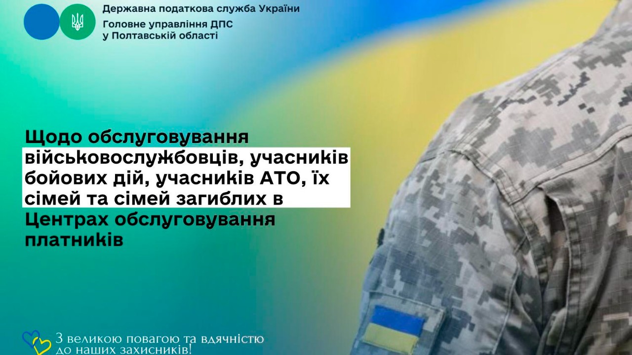 Щодо обслуговування військовослужбовців, учасників бойових дій, учасників АТО, їх сімей та сімей загиблих  в Центрах обслуговування платників